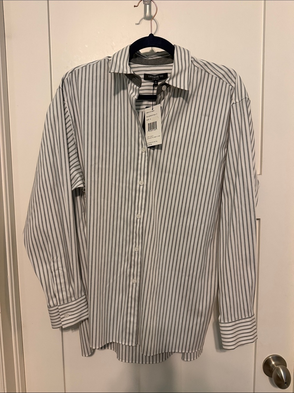 Lafayette 148 New York White Shirt with Gray Pinstripes